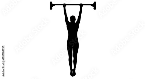 A woman in a black silhouette performs a pull-up on a bar in a minimalist vector graphic design
