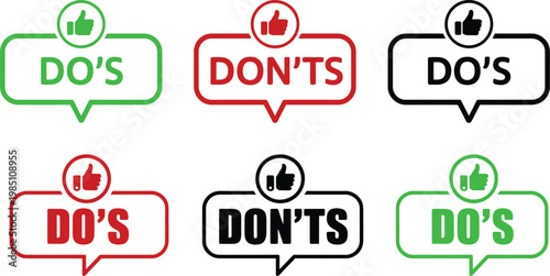 Set of six speech bubble featuring thumbs up symbols with text labels for dos and donts in green red and black colors on a white background