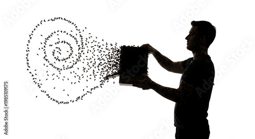 A silhouette of a man releasing a swarm of particles from a box in a minimalist vector illustration