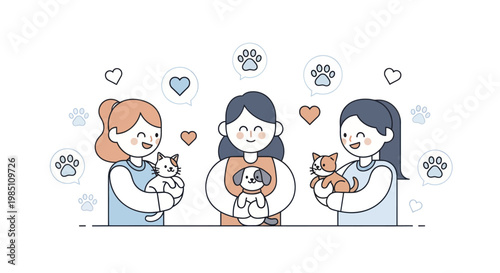 Three happy women holding cute pets in a joyful illustration.