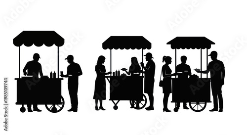 Street food vendors serving customers from carts.