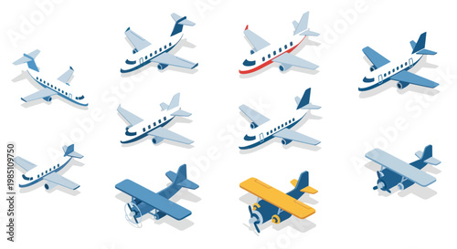 Collection of Isometric Airplanes, Jets and Biplanes, Aviation Icons