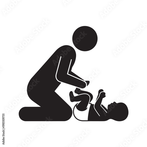 Mother Changing Baby Diaper Silhouette for Parenting, Childcare, and Family Care Concepts