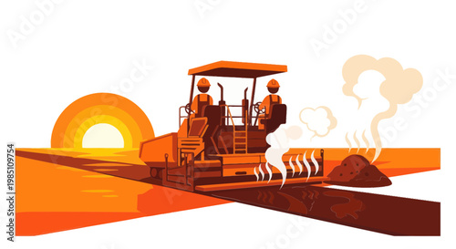 Road construction, paver machine laying asphalt at sunset, workers operating