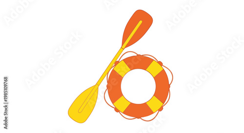 Orange Lifebuoy Ring and Yellow Oar on White Background