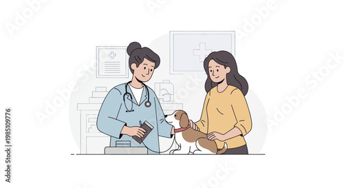 Veterinarian examining a dog with its owner in a clinic.