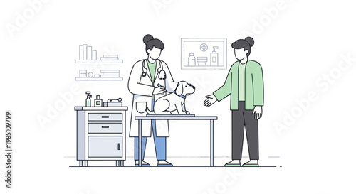 Veterinarian examining a dog with owner present at clinic.