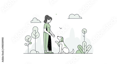 Woman Training Dog Outdoors in Park with Trees and Clouds.