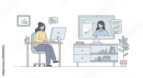 Woman working remotely on computer with virtual meeting on screen.