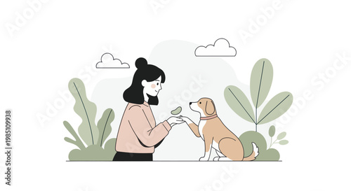 Young woman interacting with a small dog in a friendly manner.