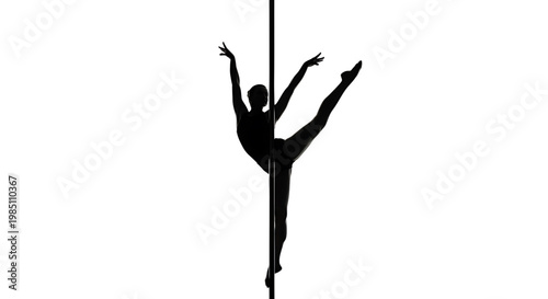 A silhouette of a dancer performing a graceful aerial pose on a pole against a white background