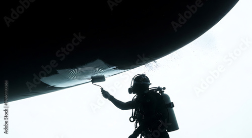 A scuba diver in silhouette painting the underside of a large structure with a roller