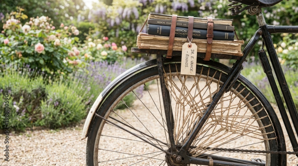 Fototapeta premium Intricate Lacing on a Vintage Bicycle's Spokes with Books, Dr. Vance Rounds