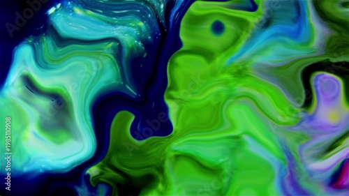 Vibrant liquid background with deep blue and neon green swirls. Abstract fluid art motion perfect for eco-tech themes, organic designs, modern overlays, and creative digital video projects.