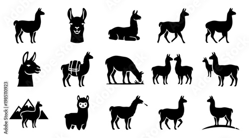 Llama Silhouette Set Collection Black Alpaca Animal Icons Pack