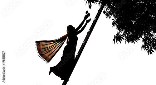 A silhouette of a woman climbing a tree with a scarf flowing behind her