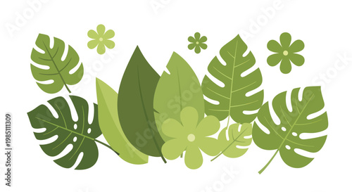 Vibrant Green Tropical Leaves and Flowers Arrangement.