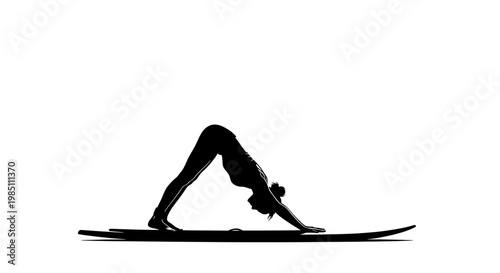 A woman in a downward-facing dog yoga pose on a mat in a minimalist black silhouette