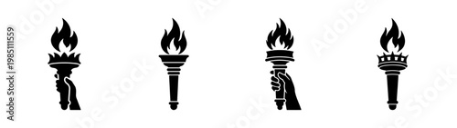 Vector torch flame illustration set for olympic games and freedom symbol in black and white style