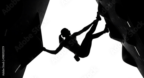 A woman rock climbing in a dramatic pose against a bright background