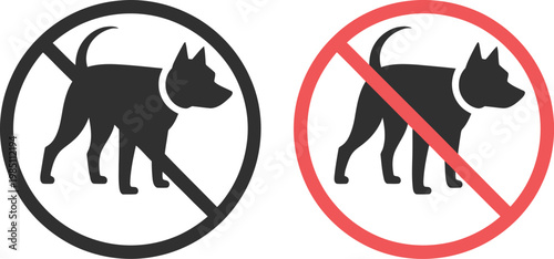 Two circular signs featuring a black silhouette of a standing dog crossed out by a diagonal line in dark grey and bright red colors isolated on a white background for public restriction signage