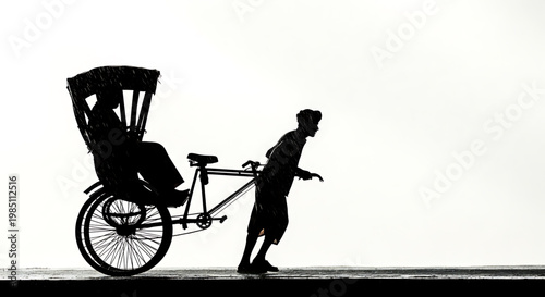 A silhouette of a man pushing a rickshaw with a passenger on a gray background