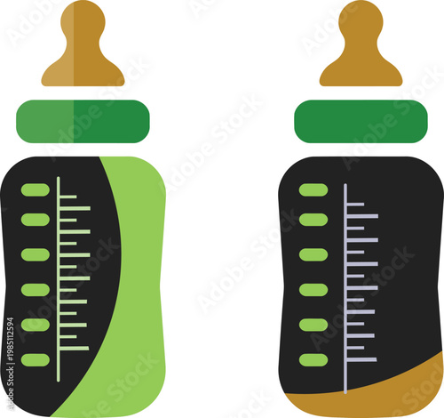 Two flat baby bottles with green and black bodies featuring measurement scales and tan silicone nipples isolated on a white background for infant feeding concepts
