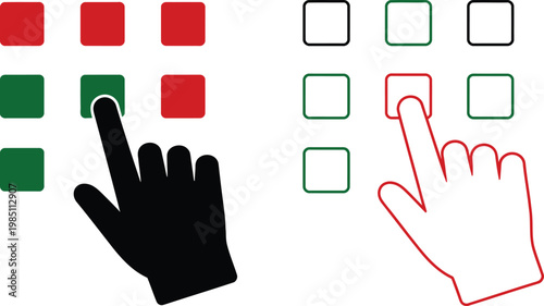 Two hands interacting with grid interfaces one solid black hand touching a green square and one red outlined hand touching a white square with a red border on a white background