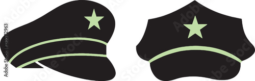 Two dark police officer hats with light green stars and trim shown from side and front profile views on a plain white background in a flat style