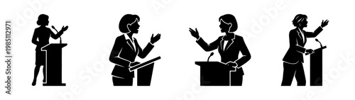 Professional speakers giving presentation at podium vector illustration for business event and conference