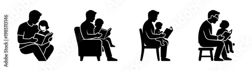Father and child reading together vector illustration family time story silhouette design graphic art