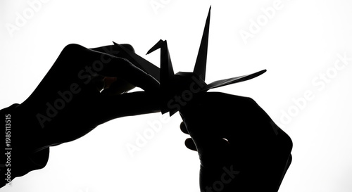 A person's hands holding an origami crane in a dark silhouette against a white background