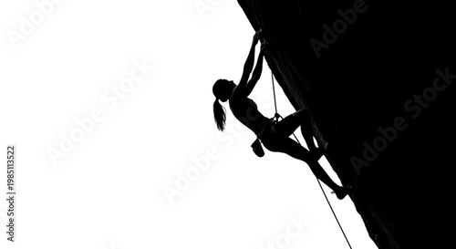 A silhouette of a woman rock climbing on a steep surface with ropes and safety gear