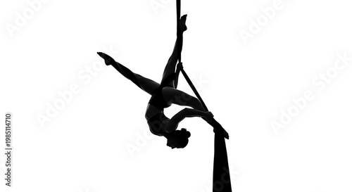 A woman performs an aerial acrobatic stunt on a silky fabric in a dramatic pose