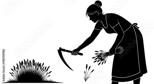 A black silhouette illustration of a woman harvesting wheat with a sickle