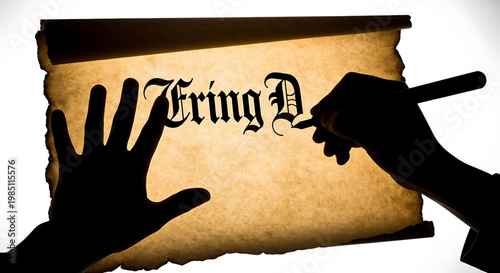 A silhouette of hands holding a quill pen and parchment with a medieval style text