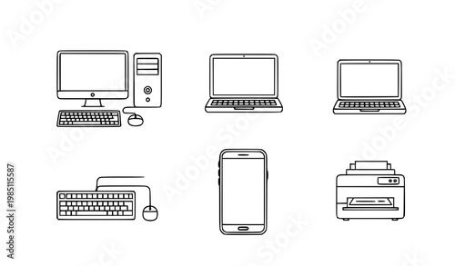 A set of modern computer and office equipment icons in a minimalist line art style