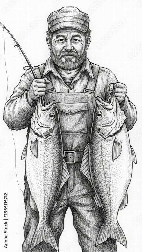 Obraz premium The Catch of a Lifetime: A grizzled fisherman proudly displays his impressive haul of two freshly caught fish, fishing rod held ready, a testament to his skill and patience.