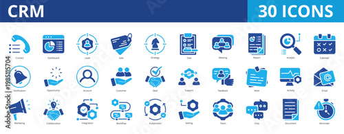 CRM icon pack collection set of customer relationship management for ecommerce and business marketing. With contact, dashboard, lead, sale, strategy, task, meeting, report, analytic, opportunity