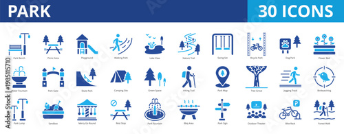 Park icon pack collection set for environment and gardening. With bench, picnic, area, playground, walking, path, lake view, nature, trail, water fountain, gate, environment, forest, hiking, camping