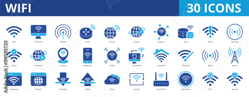 Wifi icon pack collection set for wireless technology networking. With computer, hotspot, router, internet, connection, data, online, connectivity, speed, signal, antenna, broadband, access point
