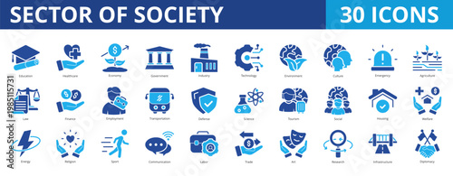 Sector of society icon pack collection set for community people and culture. With education, healthcare, economy, government, industry, technology, environment, culture, agriculture, law, finance