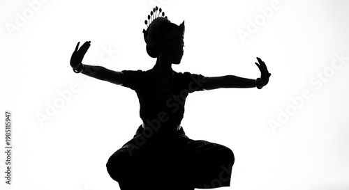 A silhouette of a dancer in a traditional costume is posed in a dynamic and elegant position.