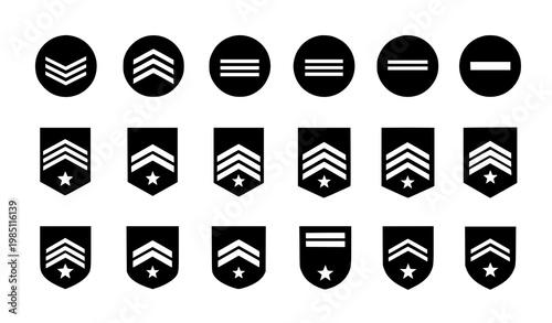 A set of military rank insignia icons in black and white