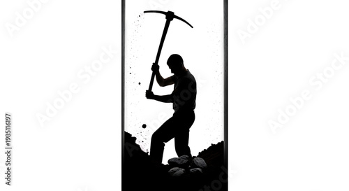 A silhouette of a man holding a pickaxe in a dynamic pose against a white background