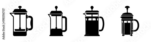 Black and white french press coffee maker set vector illustration for coffee brewing methods and equipment