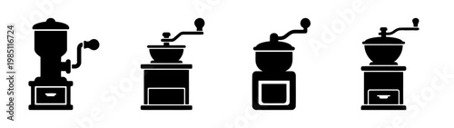 Vintage coffee grinder collection antique burr mill illustration manual kitchen tool set silhouette design