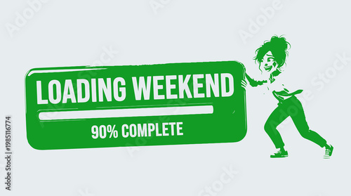 Weekend Loading Concept Illustration of a Woman Pushing Progress Bar