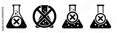 Collection of black and white science lab beakers with x mark experiment danger warning sign 