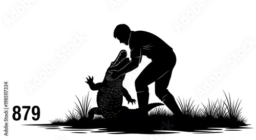 A black silhouette illustration of a man wrestling with a crocodile in a grassy wetland area with a number in the corner